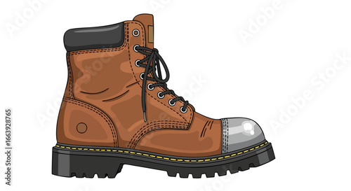 Illustration of a sturdy work boot with a steel toe cap, suitable for labor, providing foot safety and protection against workplace hazards