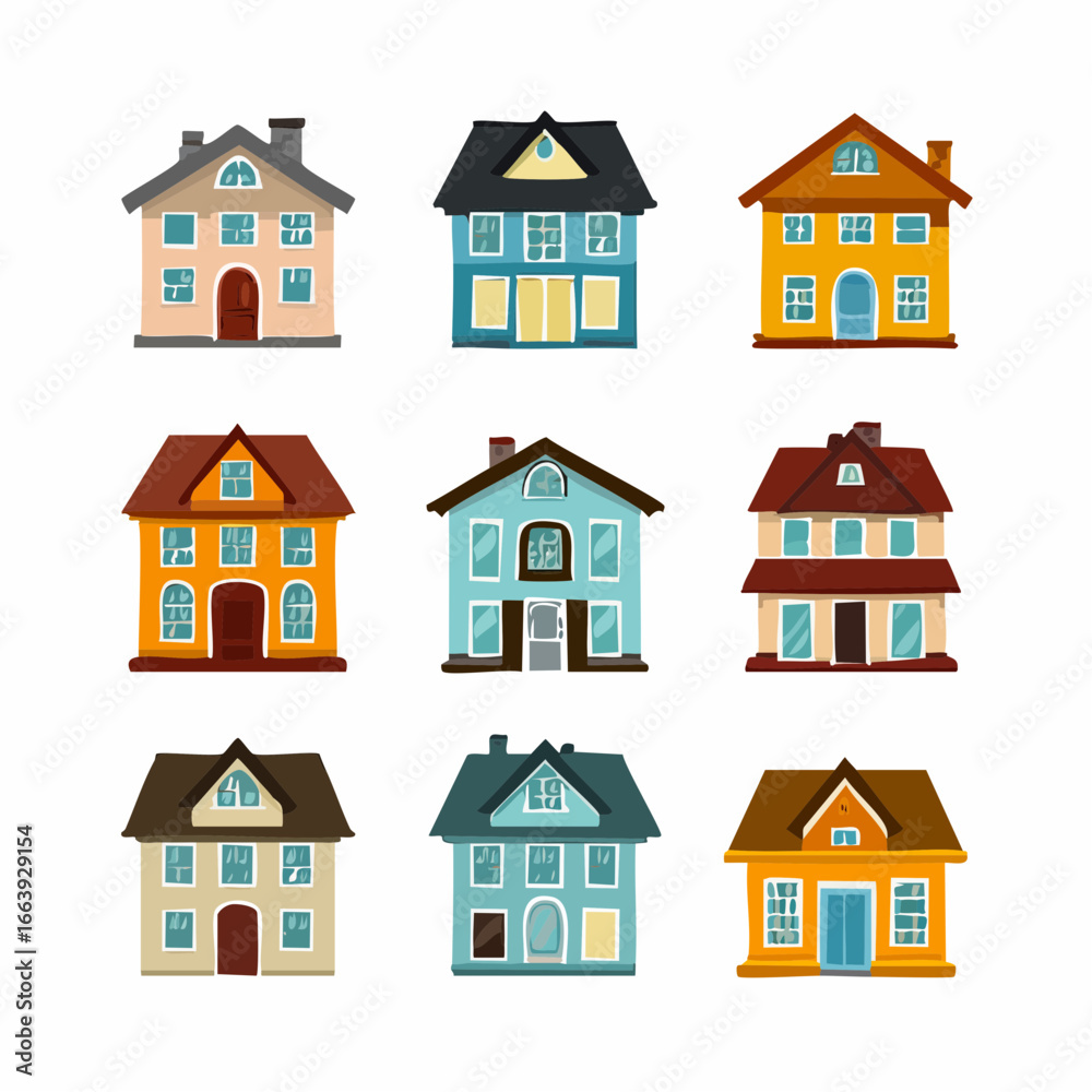 Fototapeta premium Firefly A Collection of Colorful Vector House Designs in a Grid Pattern
