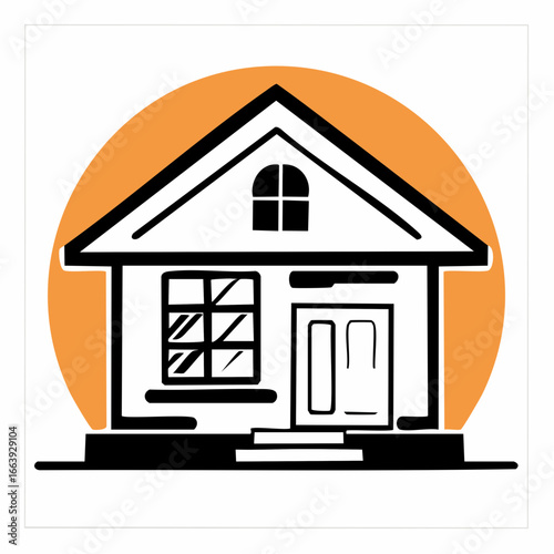 A minimalist line art illustration of a house with a prominent gable roof and a circular orange backdrop, representing home ownership and architectural design