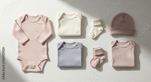 A collection of baby clothing items, including a long-sleeved bodysuit, folded tops, a beanie, and a headband, arranged neatly on a light-colored , viewed from above.