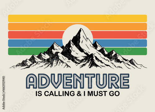 A captivating retro style graphic portraying majestic mountains set against a colorful gradient background, embodying the spirit of adventure and exploration in nature.