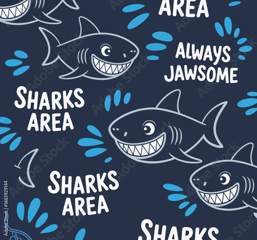 This fun and lively image features cartoon sharks with charming expressions alongside playful text, delivering an engaging and humorous design ideal for ocean-themed projects.