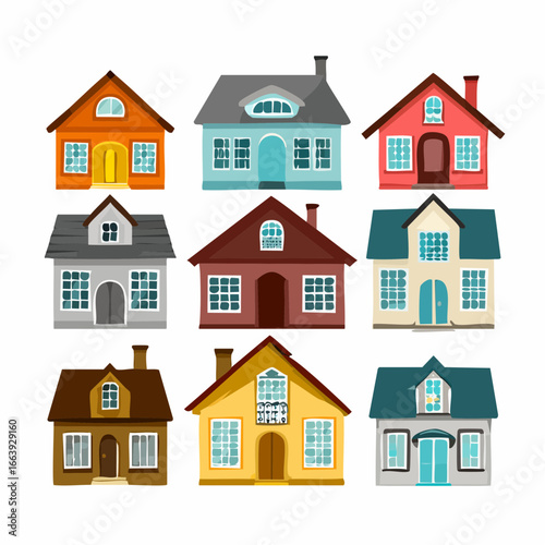 A charming collection of colorful vector icons featuring various house designs, showcasing diverse residential architecture for modern living and community themes
