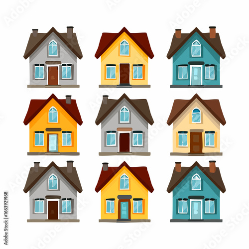 A charming collection of diverse house designs presented in a visually appealing grid, showcasing architectural variety