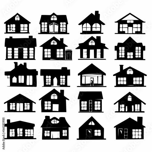 Collection of diverse residential building black silhouettes, an array of vector house icons for architectural and and real estate design projects
