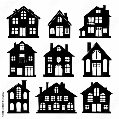 A captivating set of diverse black silhouette vector icons showcasing various house designs, perfect for real estate, urban planning, and architectural concepts