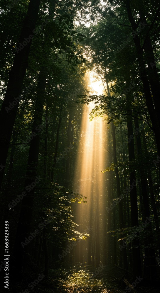 Fototapeta premium Sunlight streams through a dense forest canopy