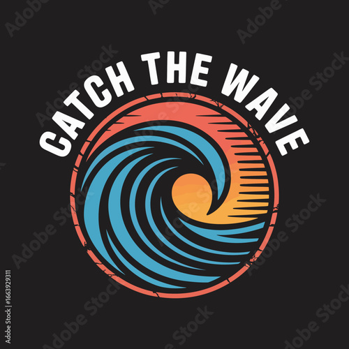 This artwork presents a captivating wave logo with 'Catch The Wave,' perfectly illustrating the thrill of surfing and ocean adventures in a colorful and stylish circular design.