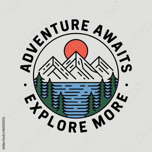 This stunning illustration features majestic mountains reflected in a serene lake under a rising sun, capturing the essence of adventure and exploration in nature.