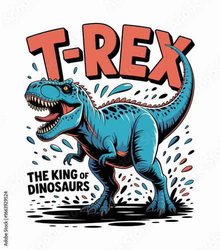 A lively illustration of a blue T-Rex portrayed in a playful style, representing the majesty and ferocity of dinosaurs, capturing the imagination of adventure and thrill seekers.