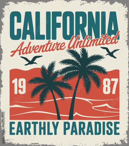 This California adventure design portrays a beautiful landscape with palm trees and a sunset palette, expressing the dreamy, carefree essence of coastal living and exploration.