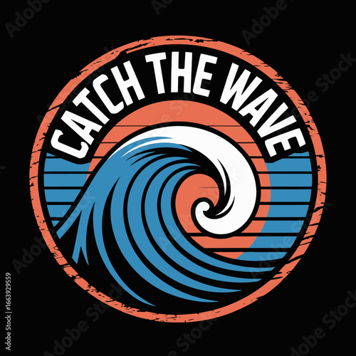 This image captures the exhilarating spirit of surfing through a dynamic wave design featuring 'Catch The Wave,' presenting a colorful and trendy circular logo suitable for branding.
