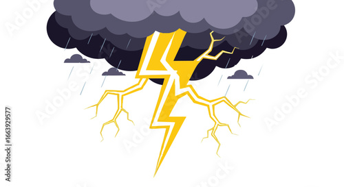 Dramatic thunderstorm illustration with rain clouds and vibrant yellow lightning striking down powerfully against a clear background