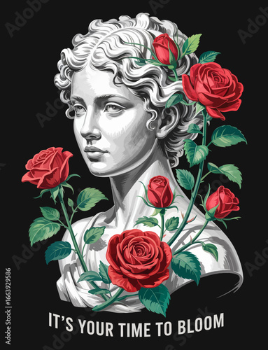 An exquisite sculpture bust of a classical figure intertwined with roses, symbolizing beauty and growth, offering an inspirational message of blooming potential.