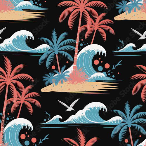 A stylish tropical pattern showcasing waves and palm trees on a dark background, offering a serene escape into beach life and ocean vibes.