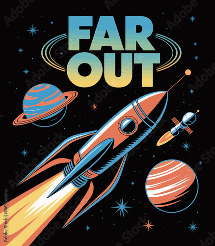 This vibrant retro illustration features a rocket launching into outer space, surrounded by planets and stars, capturing the essence of adventure and exploration.