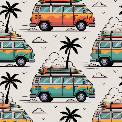 This delightful pattern features retro surf vans alongside palm trees and clouds, encapsulating the carefree spirit of summer fun and beach adventures throughout life.