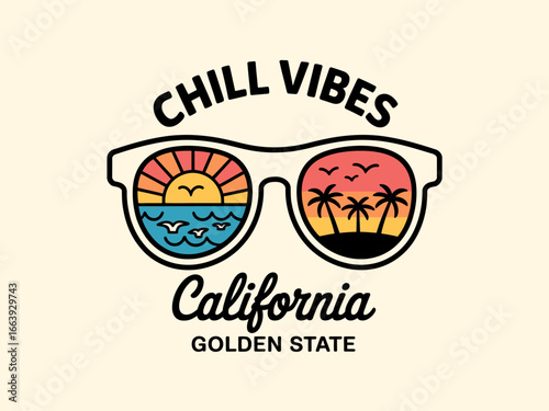 This trendy design features sunglasses filled with colorful beach scenes, capturing the chill vibes of California's sunny atmosphere and promoting relaxation and freedom.