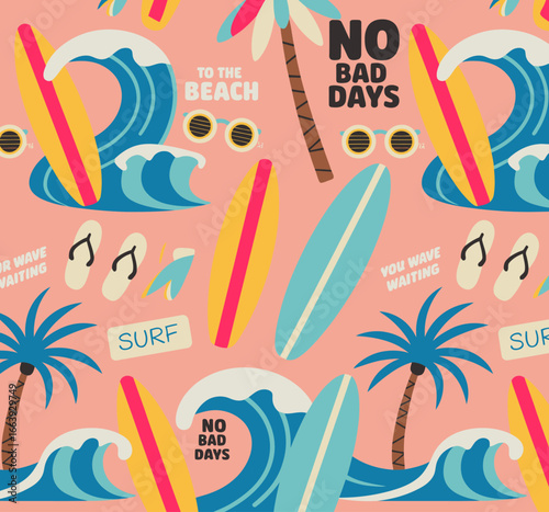 This lively pattern captures the essence of surfing and beach life, featuring playful waves, palm trees, and vibrant colors that evoke a sense of joy and adventure.