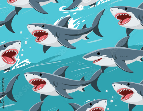 A captivating illustration of cartoon sharks animatedly swimming against a colorful backdrop, capturing the joy and vibrancy of underwater life for various projects.
