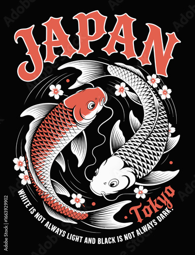 An eye-catching design of two koi fish intricately swimming together, accompanied by a philosophical quote that reflects the complexities of life, balancing light and dark.
