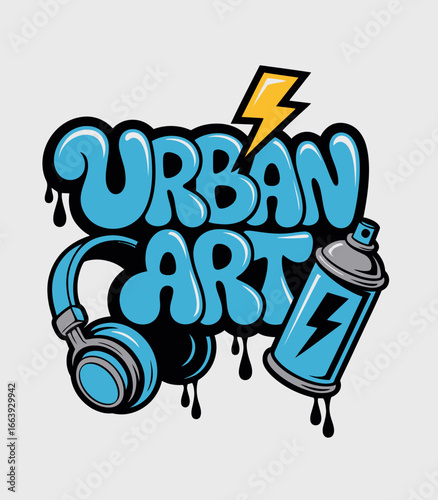This eye-catching urban art design showcases a stylized representation of headphones and a bolt icon, embodying the spirit of modern creativity and street culture.