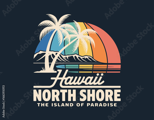 This vibrant retro design features Hawaii's North Shore, embracing the tropical essence through palm trees, mountains, and stunning beach scenery.