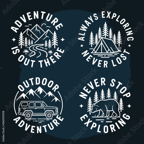 A collection of badges emphasizing outdoor adventure themes, featuring mountains and nature elements, perfect for adventurers and camping lovers.
