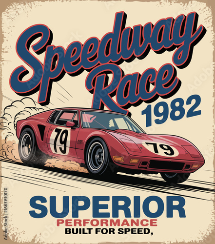 An engaging illustration of a racing car from 1982 that captivates with its speed, design, and the thrilling ambiance of motorsport, ideal for enthusiasts and collectors alike.