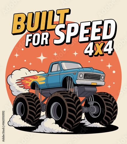 An exciting illustration of a monster truck built for speed, showcasing dynamic motion and strength, perfect for capturing the thrill of motorsport and automotive enthusiasts alike.