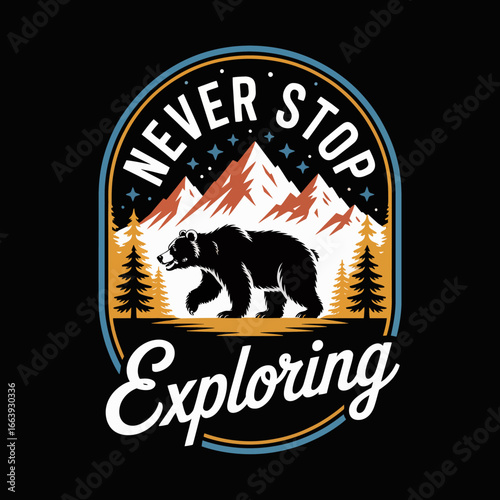 A captivating design of a bear traversing through colorful mountains and trees, inspiring a sense of adventure and exploration in nature's wilderness.