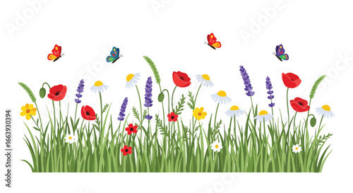 Delicate garden scene featuring vibrant wildflowers and graceful butterflies in a serene composition