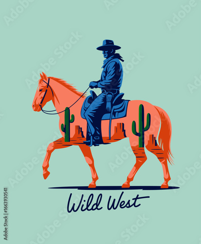 A vibrant illustration of a cowboy on horseback traversing a colorful desert landscape, showcasing a classic Wild West theme infused with modern artistry.