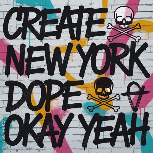This graffiti image showcases a stark, bold message with colorful splashes, reflecting a striking urban style and contemporary street art aesthetics.