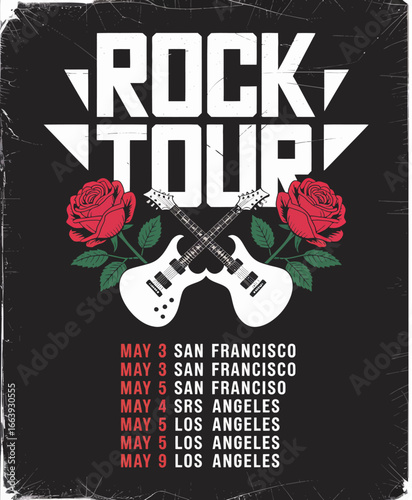 This stylish rock tour flyer features unique typography and rose graphics while listing event details and locations, ideal for promoting exciting concerts and tours.