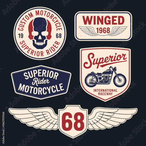 This graphic collection showcases biker-themed patches underlining the symbolism of freedom and rebellion, featuring iconic skull and wing designs for motorcycle enthusiasts.