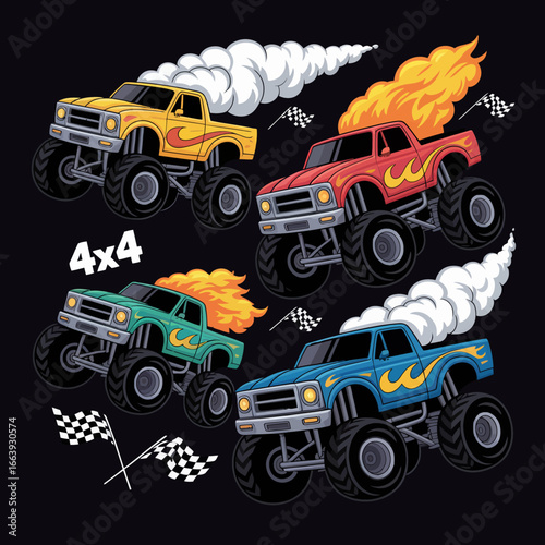 This dynamic image showcases four colorful monster trucks, each with flames and smoke, representing excitement, fun, and adventure in off-road racing.