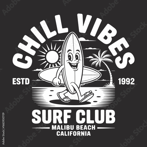An eye-catching illustration of a surfboard mascot gleefully strolling on a beach, surrounded by tropical elements, portraying a joyful summertime vibe that invites fun and adventure.