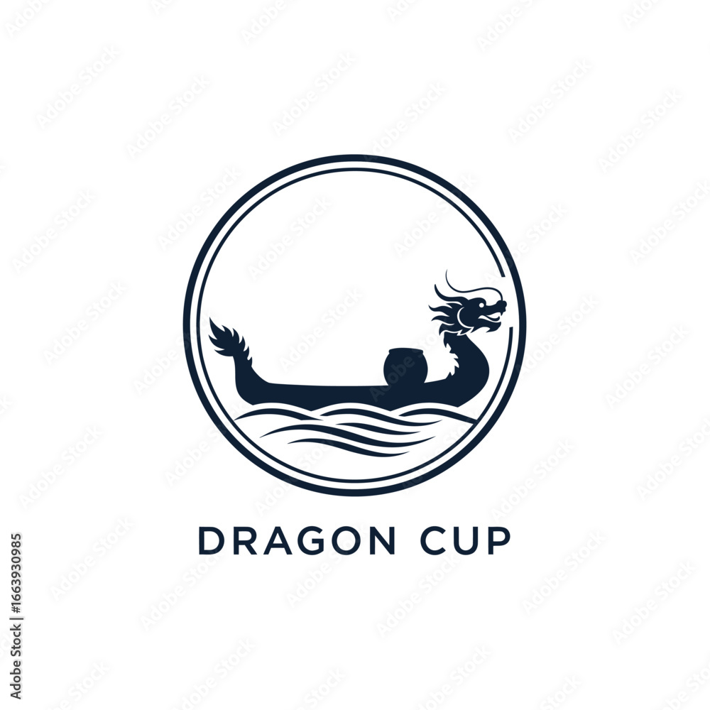 Naklejka premium Elegant logo for Dragon Boat Festival. A dragon boat on water, inside a circle.