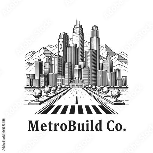 A monochrome illustration of a city nestled in mountains, forming a logo for Metro Build Co.