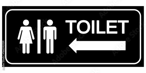 Black and white toilet sign with male and female icons and left arrow direction. Simple restroom symbol for public facilities, wayfinding, signage, and vector graphic design.