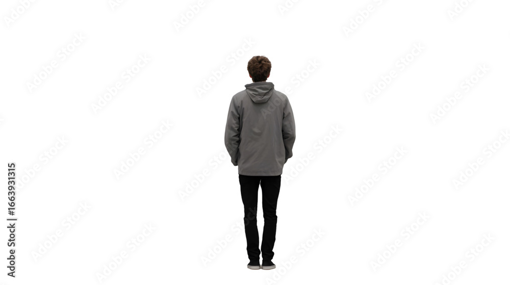 Obraz premium A person standing with their back to the camera wearing a gray hoodie and black pants on black background