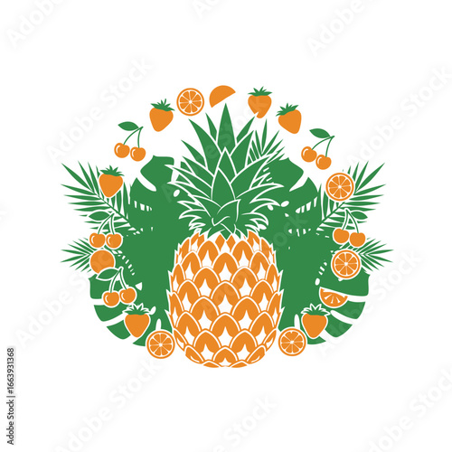 A vibrant illustration of a pineapple surrounded by tropical fruits and leaves.