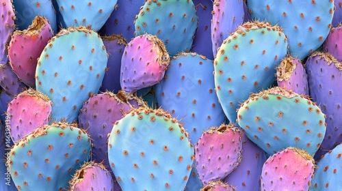 A vibrant close-up of opuntia cactus pads with blue, pink and purple hues offering a unique desert