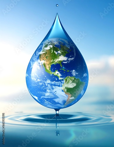 A large, teardrop-shaped water droplet, holding a miniature globe Earth, rests on a calm water surface