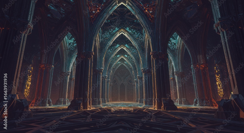 Fototapeta premium Mysterious Gothic Interior with Arches and Dramatic Lighting