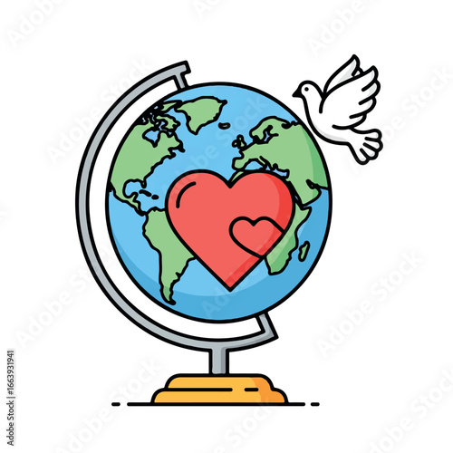 A pristine 2D flat vector illustration presents a world globe affectionately embraced by a large stylized red heart, a peaceful white dove gracefully hovering, isolated on a clean white background.