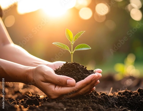 Wallpaper Mural Hands holding a small seedling in soil, bathed in sunlight Torontodigital.ca
