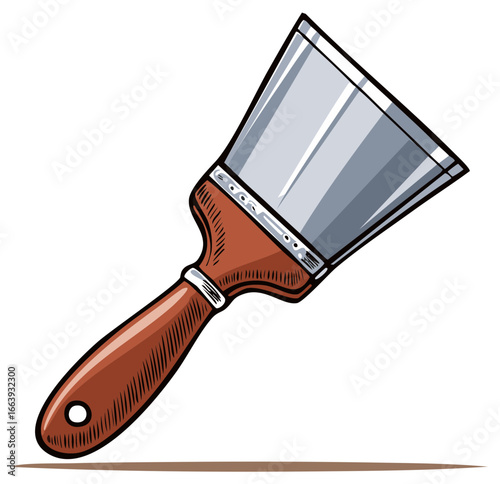 Putty knife or scraper with a brown wooden handle and shiny metal blade
