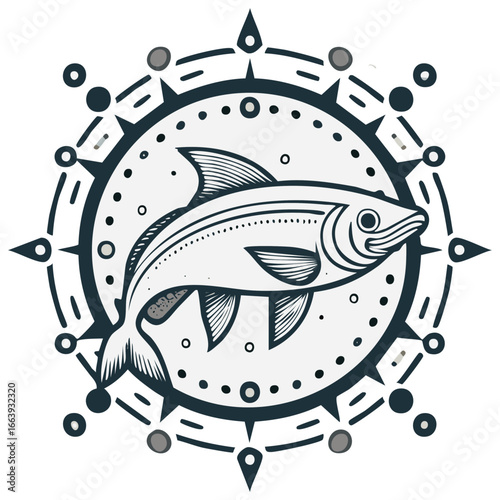 Detailed Fish Illustration with Compass Rose Nautical Design Element Isolated